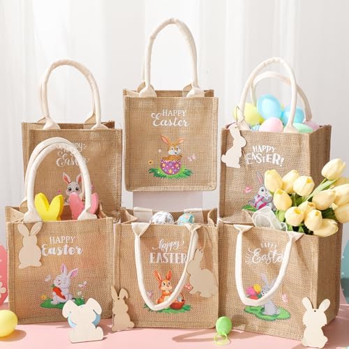 Sweetude 12 Pack Easter Bunny Burlap Bags with Tags Easter Reusable Treat Bags with Handles Jute Linen Tote Candy Gift Wrapping for Spring Party Favors Supplies (Cute) - Image 4