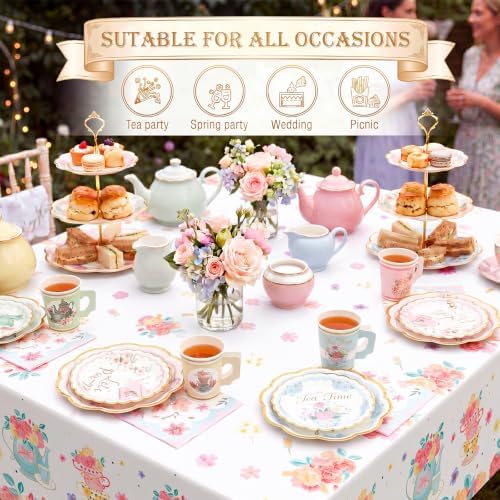Yungyan 97 Pcs 24 Set Floral Tea Party Supplies, Tea Party Plates and Napkins Set with Tablecloth, Disposable Handle Teacups and Saucers for Birthday Wedding Bridal Shower Decorations - Image 5