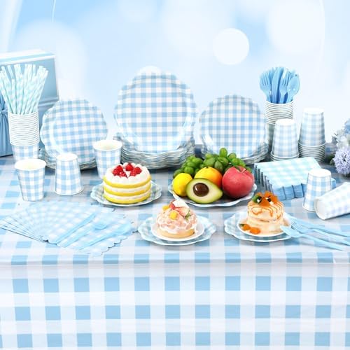 Funnymoom 452 Pcs Blue Gingham Party Supplies for 50 Guests Include White and Blue Checkered Paper Plates Napkins Cups Tablecloth Cutlery Straws for Birthday Baby Shower Wedding Party Decorations - Image 4