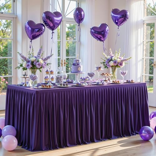 Wish Care Dark Purple Polyester Table Clothes for 4 Foot Rectangle Tables, Wrinkle Free Fitted Table Cover with Pleated Ruffle Table Skirt for Birthday Party Wedding Trade Show Event Display - Image 2