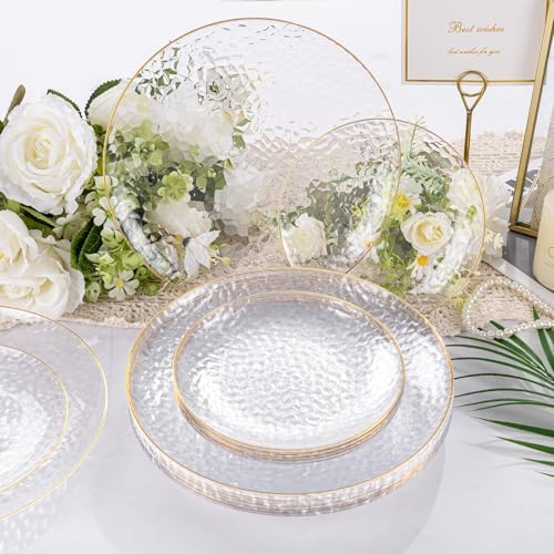 Rubtlamp 175 Pcs Plastic Dinnerware Set (25 Guests), Clear And Gold Plastic Plates, Hammered Party Plates Include Dinner Platos, Dessert Platos, Cups, Gold Cutlery Set And Napkins for Party - Image 4