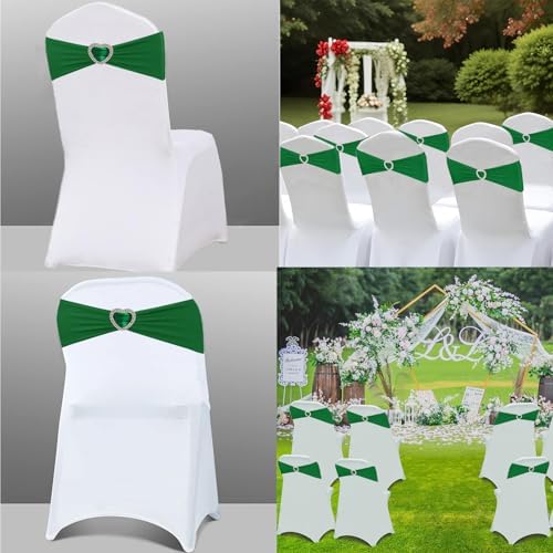 Emerald Green Chair Sashes 50 Pack Spandex Dark Green Sashes for Chairs Covers Universal Stretch Chair Sashes Band with Heart Buckle Slider for Wedding Banquet Party Decorations - Image 5