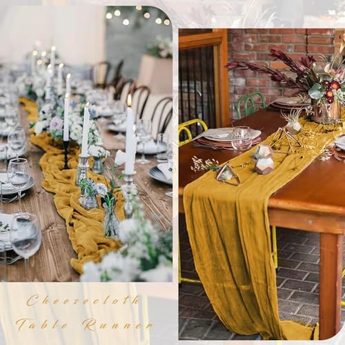 12 Pcs Mustard 35 x 120 Inches Long Cheesecloth Table Runner 10FT Runner for Tables Gauze Fabric Boho Table Runner Decoration Rustic Semi Sheer Runner for Wedding Baby Shower Birthday Party (Mustard) - Image 5