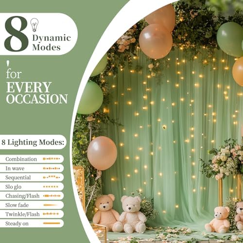 10x10ft Sage Green Tulle Backdrop Curtain with String Lights, Wrinkle-Free Sheer Wedding Backdrop for Birthday Parties, Baby Showers, Bridal Showers, Photo Shoots and Home Decor, Sage Green - Image 4