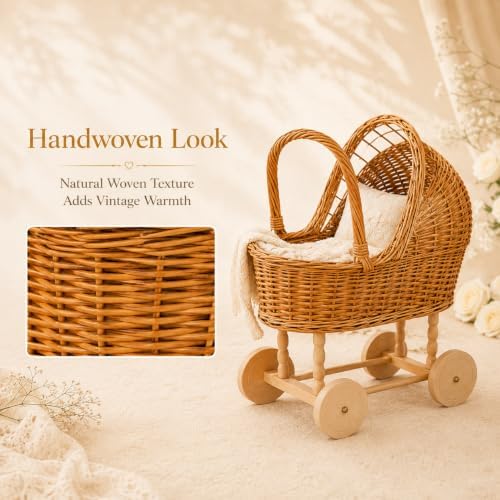 Wicker Baby Carriage Basket, Vintage Rattan Stroller Flower Basket for Baby Shower Centerpiece, Woven Carriage Decor for Wedding, Nursery Display and Photography Prop (Extra Large) - Image 6