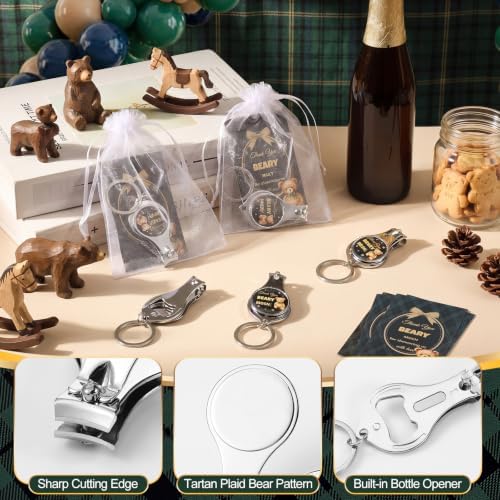 30 Sets Blue Green Tartan Plaid Bear Baby Shower Favor Nail Clipper Bottle Openers Keychain Return Gift for Guest with Thank You Cards Organza Bags for Gender Reveal Party Souvenirs - Image 4