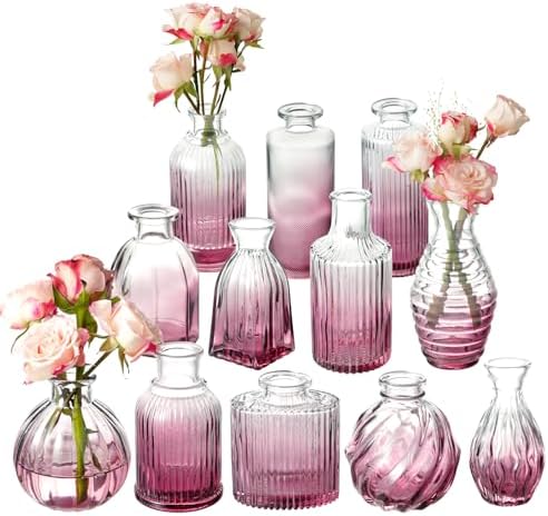 Bud Vases Set of 12, Small Purple Vase Glass Vases for Flowers Vintage Ribbed Colored Wedding Flower Vase for Decor in Bulk Decor Bridal Shower Centerpieces Home Table Decoration by PHUNTTEK
