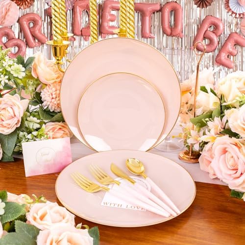 Liacere 150PCS Plastic Plates-Gold Plastic Silverware with Pink Handle - Pink Disposable Plates Include 30 Guests Plates, Forks, Spoons, Knives for Wedding ＆ Party - Image 5