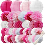 WOLHOWLTD Rosy Pink White Paper Decoration Set - 38 Pcs Paper Lanterns, Pompoms, Honeycomb for Wedding,Engagement,Bachelorette,Baby Shower,Valentine's,Home Decoration (Rosy Pink White) by Unknown