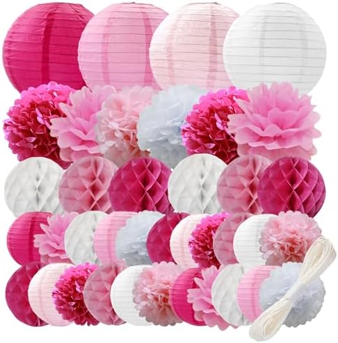 WOLHOWLTD Rosy Pink White Paper Decoration Set - 38 Pcs Paper Lanterns, Pompoms, Honeycomb for Wedding,Engagement,Bachelorette,Baby Shower,Valentine's,Home Decoration (Rosy Pink White) by Unknown