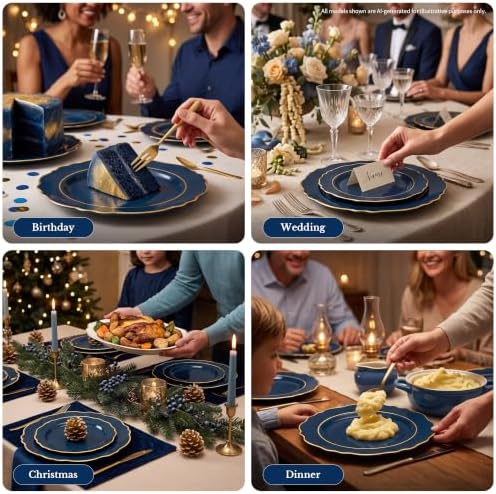 realluck 200Pcs Blue and Gold Plastic Plates Navy Blue Plates Reusable - Image 6