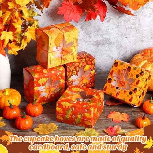 Blulu 120 Sets Thanksgiving Bakery Boxes Bulk with Window 5x5x3 Inch Fall Food Containers Gifts Boxes with Maple Tags and Rope for Fall Holiday Cookie Cupcake Goodie Candy Treat Package Party Favors - Image 6