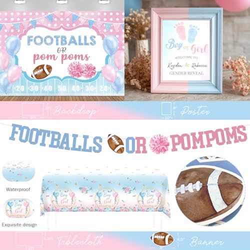 Football or Pom Poms Gender Reveal Decorations, 152 PCs Boy or Girl Party Decoration Kit Supplies with Balloons, Banner, Sash, Badge Backdrop, Topper, Poster, Balloon Boxes, Tablecloth, Marker - Image 4