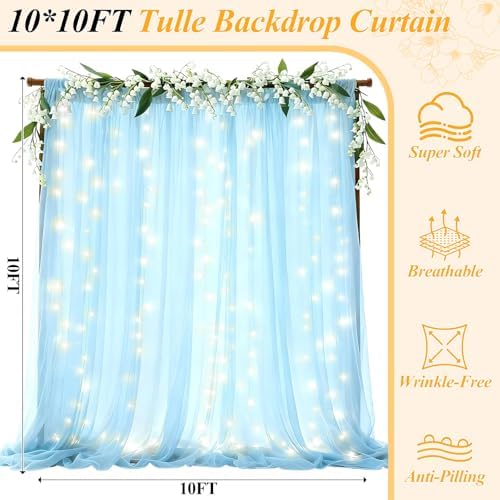 Ledido 10×10ft Blue Tulle Backdrop Curtain with Light(8 Panels 5×10ft) - Image 5
