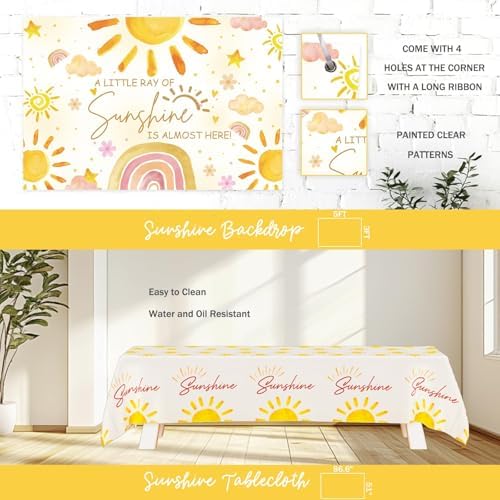 Party Inspo Sunshine Baby Shower Decorations for Girls, A Little Ray of Sunshine is Almost Here Baby Shower Supplies, Boho Sun Themed Backdrop Balloon Banner Tablecloth Cake Cupcake Topper Boxes - Image 5
