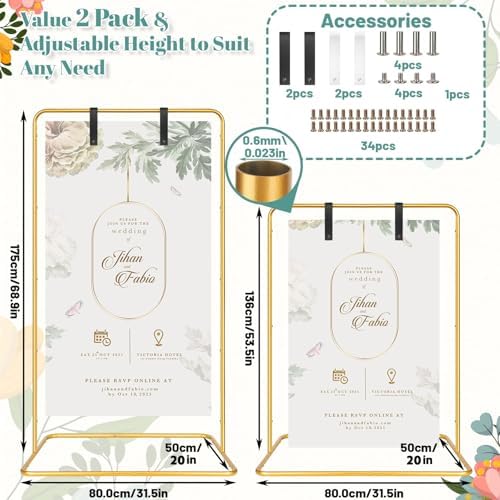 VZZNN 2 Pack Wedding Welcome Sign Stand, 68”x31”x20” Adjustable Gold Easel Holder with 4 Leather Straps, Heavy Duty Metal Floor Easels for Wedding Signs, Seating Charts, Baby Shower, Party Decor - Image 2