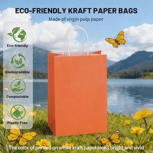 Mlyta 100 Pack 5.25x3.25x8.5 Inch Small Orange Kraft Paper Gift Bags with Handles Bulk for Goodie, Party Favor Brithday Grocery Shopping, Business Wedding Retail Craft Treat To Go, Merchandise Sacks - Image 6
