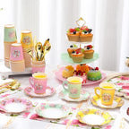 Layhit 83 Pcs Disposable Tea Party Set with 3 Tier Cake Stand Vintage Floral Paper Cups Plates Napkins Cutlery for Women Girls Birthday Baby Shower Bridal Shower Tea(Vivid) - Image 4