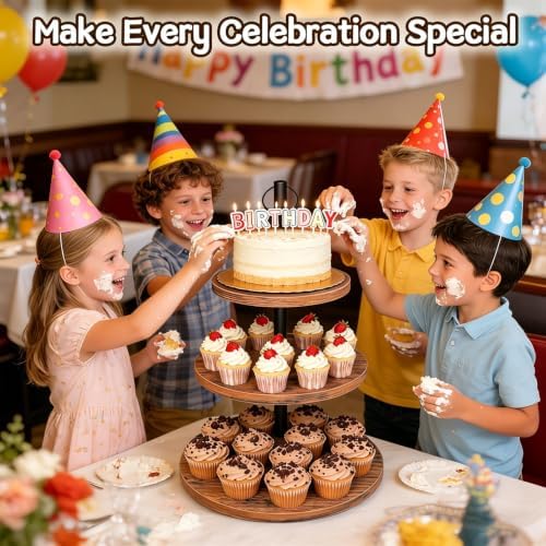 Cupcake Stand, 2 Pack Rustic Wood 3 Tier Cake Stand, Serving Tray - Image 2