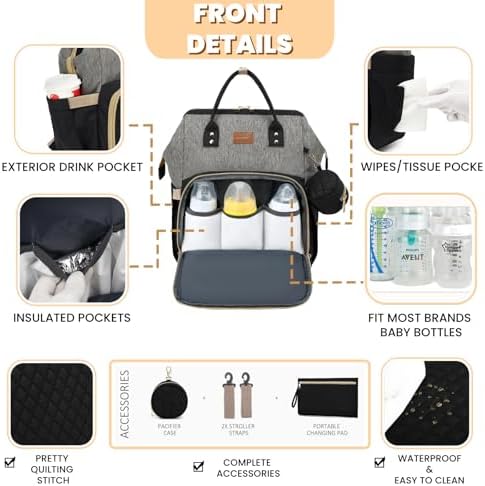 ROSEGIN Diaper Bag Backpack with Changing Pad, Pacifier Case, Baby Bag for Boy Girl Toddler - Large, Stylish, Waterproof Travel Quilted Diaper Bag for Mom - Baby Shower - Black Grey - Image 3
