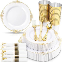 Nervure 350Pcs Gold Plastic Plates, Disposable Dinnerware Set for 50 Guests by Nervure