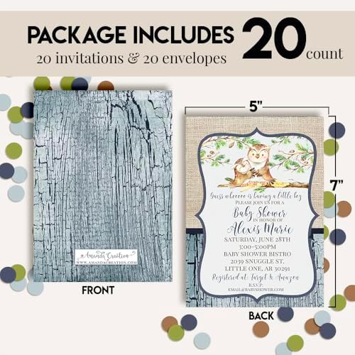 Amanda Creation Blue Watercolor Owl Baby Shower Invitations for Boys, Baby Shower Invitations with Owls, 20 Personalized 5x7 Double-Sided Cards with White Envelopes, Made in USA - Image 4