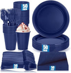 200pcs Blue Plastic Plates Party Supplies, Disposable 9'' Navy Blue Plates and Napkins, Cups & Cutlery Dinnerware Set for Birthday, Wedding, Baby Shower Decorations, Serves 50 Guests by UseOnceDoneRight