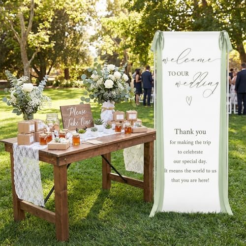 Wedding Welcome Linen Sign Stand with Satin Ribbon(Green) - Image 3