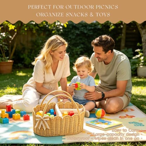 2pcs Rattella Premium Scalloped Rattan Baby Diaper Caddy Organizer 16.14*10*7.2/13.9*8*6in Handwoven Wicker Nursery Storage Basket with Removable Divider & Gift Bow - Boho Baby Registry (Khaki 2) - Image 4