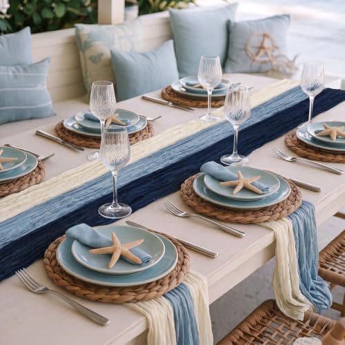 6 Pcs Navy Blue and Dusty Blue Cheesecloth Table Runner 118" - Image 5