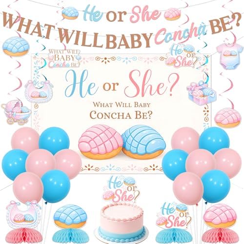 Concha Theme Gender Reveal Party Decorations What Will Baby Concha Be Backdrop Banner Mexican Sweet Bread Concha Honeycomb Centerpieces Cake Topper Hanging Swirls for Baby Shower Party Supplies by Merrystorm