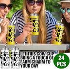 Chuangdi 24 Set 14 oz Cow Theme Plastic Bottle with Straws and Metal Lids 24 Plastic Milk Water Bottle 25 Paper Straws Tumbler Reusable Jar Containers for Cow Party Favor Baby Shower Birthday Supplies - Image 5