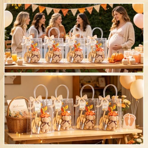 50 Pcs Fall Baby Shower Prizes for Game Winners 6 Sets Pumpkin Bamboo Cheese Board Spoon Fork Butter Spreaders Towel Thank You Card and Gift Bags for Thanksgiving Baby Shower Favors - Image 6