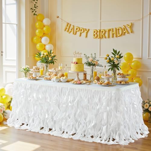 Wish Care 6ft White Sequin Table Skirt for Rectangle Tables Glitter Curly Willow Tutu Skirt Ruffle Table Cloth Desk Skirts for Wedding Birthday Baby Shower Party Banquet Table Skirting Decorations - Image 2
