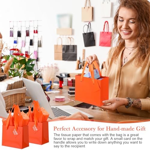 Qilery 50 Pcs Wedding Paper Gift Bags Bulk with Tissue Paper Small Gift Bags with Handle and Tags for Birthday Wedding 4th of July Party Business(Orange,4.7 x 2.4 x 3.9'') - Image 6