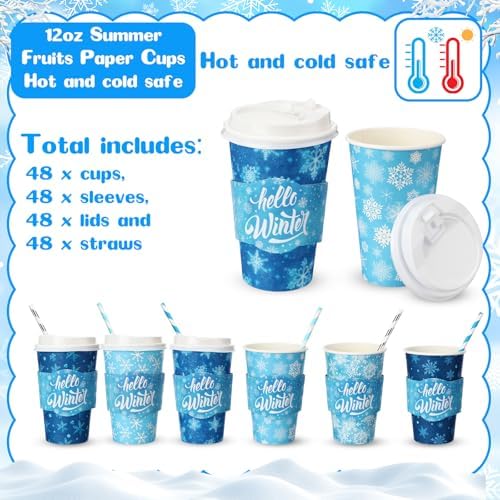 Jingmore 48 Sets 16oz Disposable Paper Coffee Cups with Lids Sleeves Straws Holiday Paper Drinking Cups Bulk for Hot Cold Beverages Home Business Cafe Birthday Party Supplies (Snowflake) - Image 3