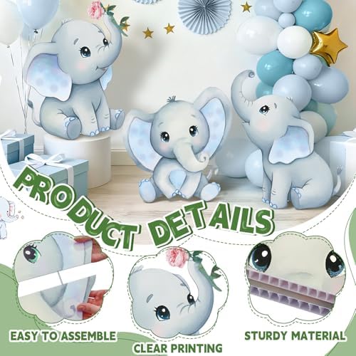3Pcs Elephant Baby Shower Decorations, Large Baby Elephant Cardboard Cutouts Standup, Blue Cartoon Birthday Party Signs for Photo Booth Props Backdrops Decor Displays Party Supplies - Image 5
