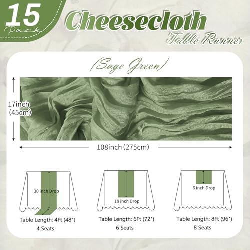 15 Pack Sage Green Cheesecloth Table Runner 17 x 108 inch Cheese Cloth Table Runners 9ft Green Table Runner Rustic Romantic Sheer Gauze Runner for Wedding Party Baby Shower Table Decoration - Image 2