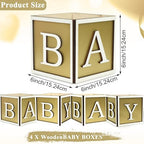 Baby Shower Boxes Decorations 4Pcs Wood Baby Blocks with Printed Baby Letter, Gold Baby Shower Centerpieces for Table, Gender Reveal Neutral Baby Shower Supplies - Image 2