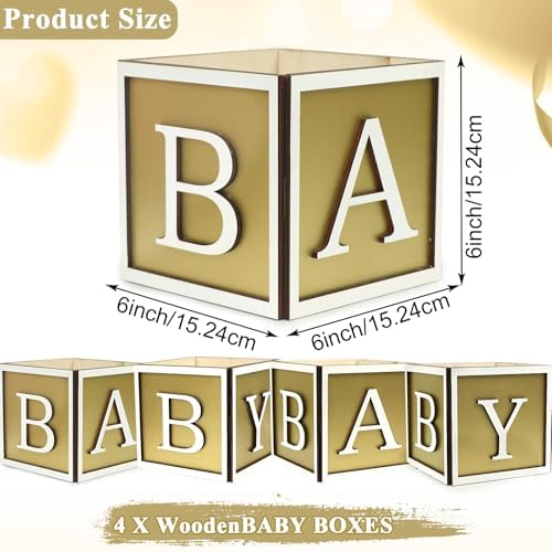 Baby Shower Boxes Decorations 4Pcs Wood Baby Blocks with Printed Baby Letter, Gold Baby Shower Centerpieces for Table, Gender Reveal Neutral Baby Shower Supplies - Image 2