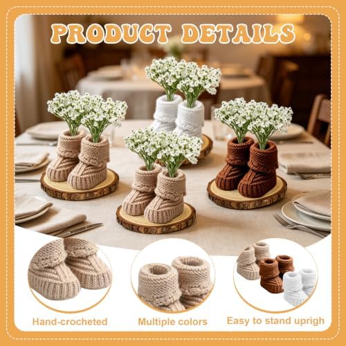 6 Set/ 36 Pcs Baby Shower Centerpieces Decor for Tables Crochet Knitted Mini Baby Booties with Artificial Breath Flowers and Wood Slices Boho Rustic Table Decor Gender Reveal Party Decor - Image 3