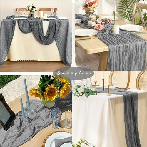 12 Pcs Gray 35 x 120 Inches Long Cheesecloth Table Runner 10FT Runner for Tables Gauze Fabric Boho Table Runner Decoration Rustic Semi Sheer Runner for Wedding Baby Shower Birthday Party (Gray) - Image 6