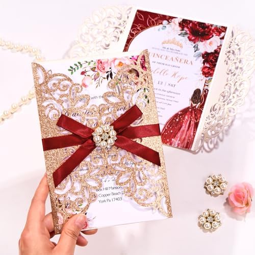 25 PCS Rose Gold Glitter Laser Cut Wedding Invitations - Image 3