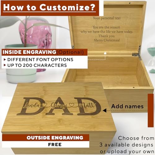 Dad Gifts from Son Custom Engraved Wooden Box with Kids Names Bamboo - Image 4
