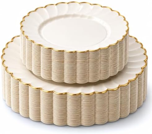 By Madee HEAVYWEIGHT Ivory Gold Scalloped Disposable Plates for Party 60 Pc by byMadee