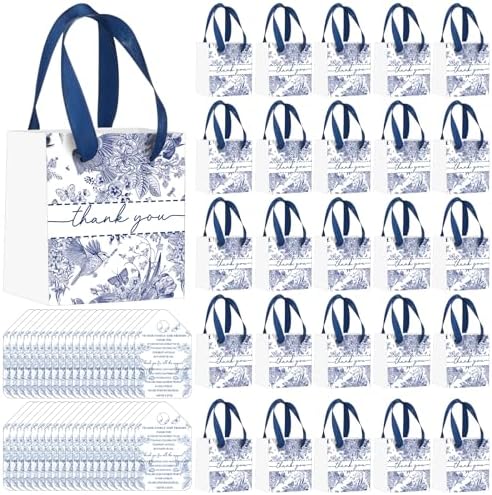 Kolldenn 100 Pack Blue White Chinoiserie Thank You Bags Bulk 4.33x3.94x2.76 Small Floral Paper Bags with Handles and Tags for Wedding Bridal Shower Bachelorette Baby Shower Birthday Party Favors by Unknown