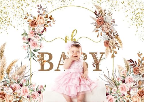 12x8FT Baby Shower Backdrop Oh Baby Sign Boho Pampas Grass Floral Wreath Background for Boys Girls Kids Gender Reveal Party Decorations Family Photo Booth Props - Image 3