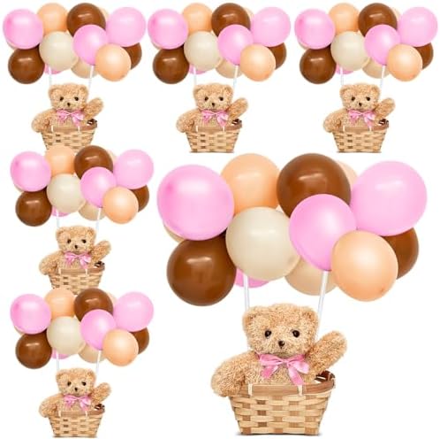 Hollowfly 6 Set Bear Baby Shower Party Decoration Table Centerpieces 6 Gender Reveal Stuffed Plush Bears 6 Bamboo Baskets 60 Colorful Balloons 12 Balloon Stands Birthday Party Wedding(Pink) by Hollowfly
