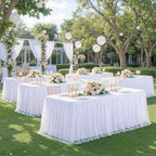 2 Pack 8ft White Table Cloths Rectangle Tulle Tablecloth Fitted White Tablecloths for 8 foot Rectangle Tables Stretch Spandex Table Cover for Parties Wedding Birthday Events Banquet Desk Table Skirt - Image 4