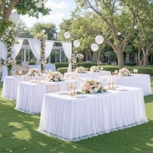 6 Pack White Tulle Tablecloths for 8 Foot Rectangular Tables 8ft White Tulle Table Skirt Wrinkle Free Table Cloth Cover with Tutu Skirt for Wedding Bridal Shower Birthday Party Banquet Buffet Cake - Image 4